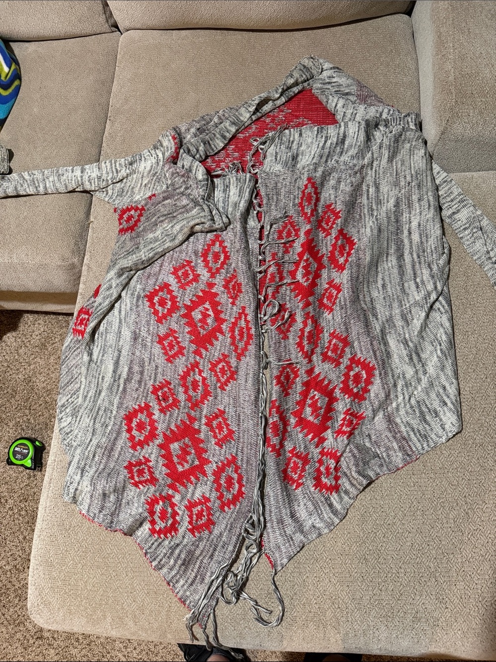 Open-Front Aztec Knit Cardigan Sweater - Gray & Red